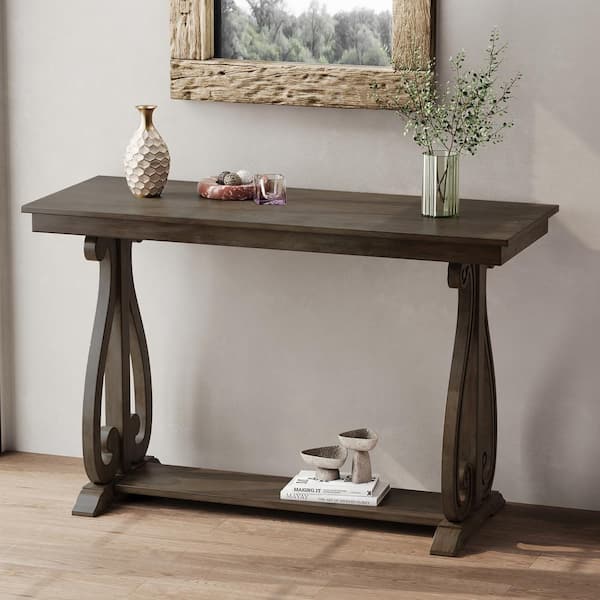LUCKY ONE 48 in. Walnut Vintage Rectangular MDF Console Table with Open Shelf, for Entryway and Living Room