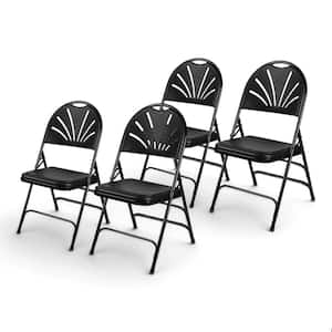 Lusitano Fan Back Black Plastic Card Table Folding Chair With Hrd Plastic Seat, Black Metal Frame (Pack of 4)