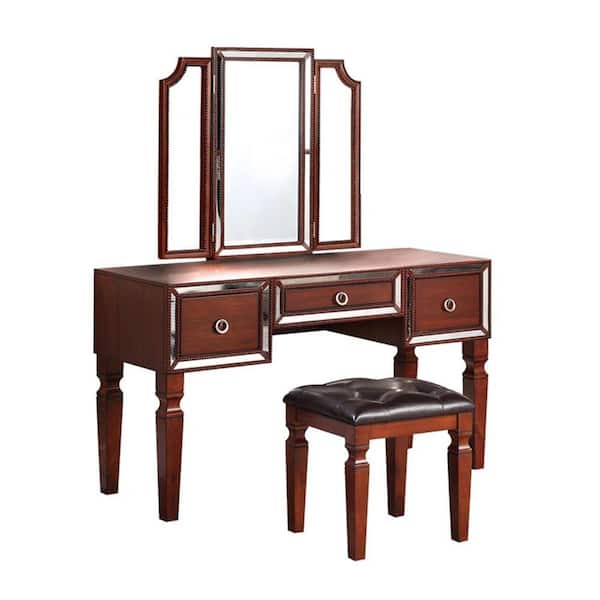 Benjara 3-Piece Brown and Black Makeup Vanity Set with Trifold Mirror