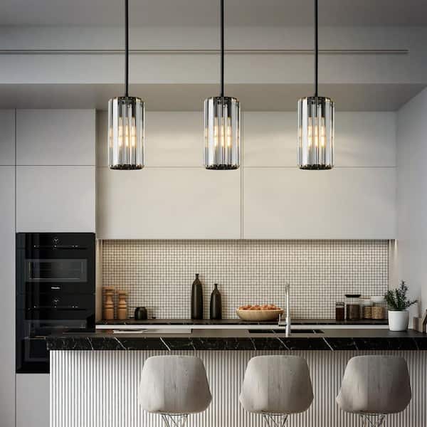 Home Lighting 40-Watt 3-Light Mini Black Modern Pendant Light With Crystal Shade Adjustable For Kitchen Island, 3-Pack