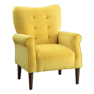 Yellow and Brown Velvet Arm Chair with Tufted