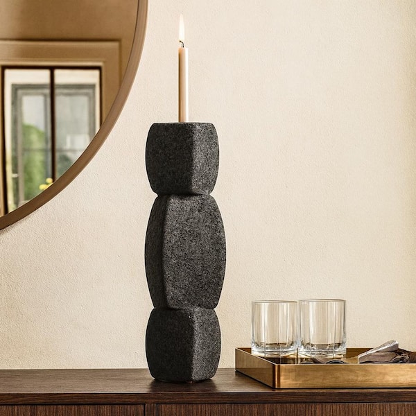 Liv & Skye Black 12 in. Stoneware Stacked Taper Candle Holder with Sand Glaze