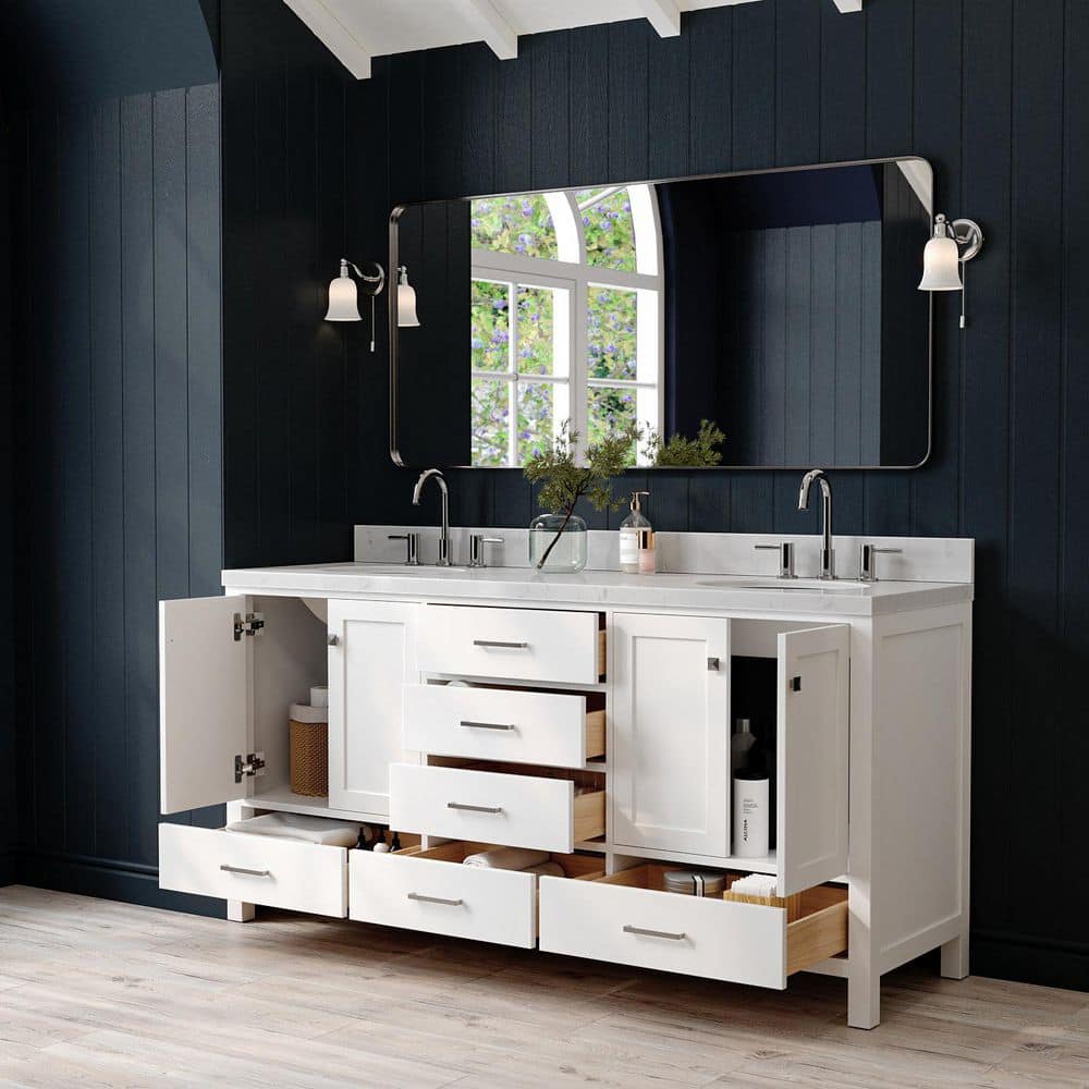 Cambridge 72" White Wood Double Sink Vanity with Quartz Top