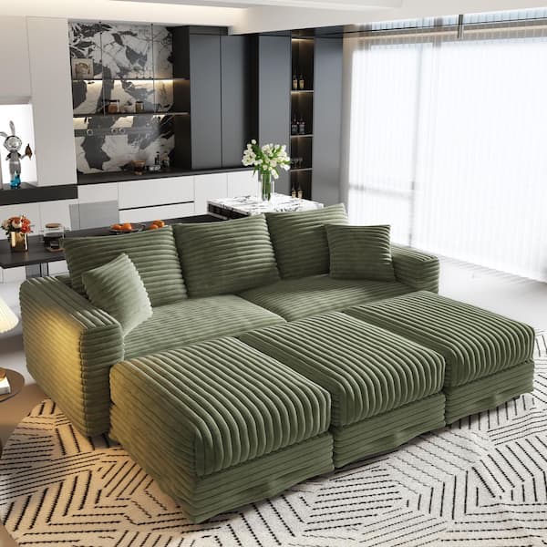 Free Combined 82.7 in Corduroy Sectional Sofa in Green with 3-Movable Ottomans, Transform to Lounge Chair or Sofa Bed