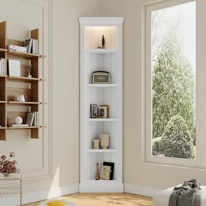 83.4 in. Tall White Wood 5-Shelf Corner Accent Bookcase with LED Light, Adjustable Shelves