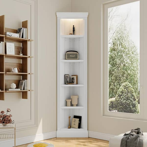 83.4 in. Tall White Wood 5-Shelf Corner Accent Bookcase with LED Light, Adjustable Shelves