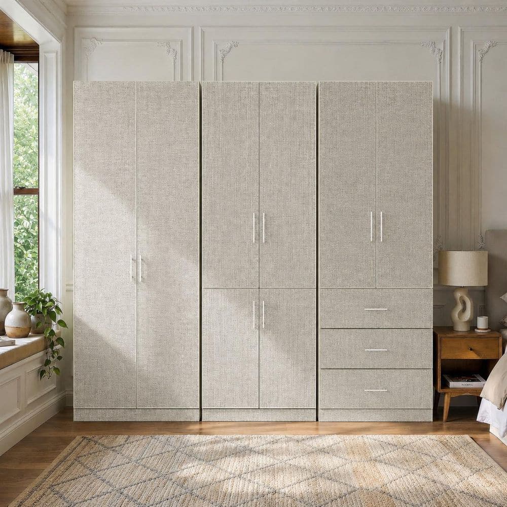 Beige-K Wood 94.5 in. Armoire with 8-Door, 5-Drawer, Linen Finish, for Bedroom Furniture Storage