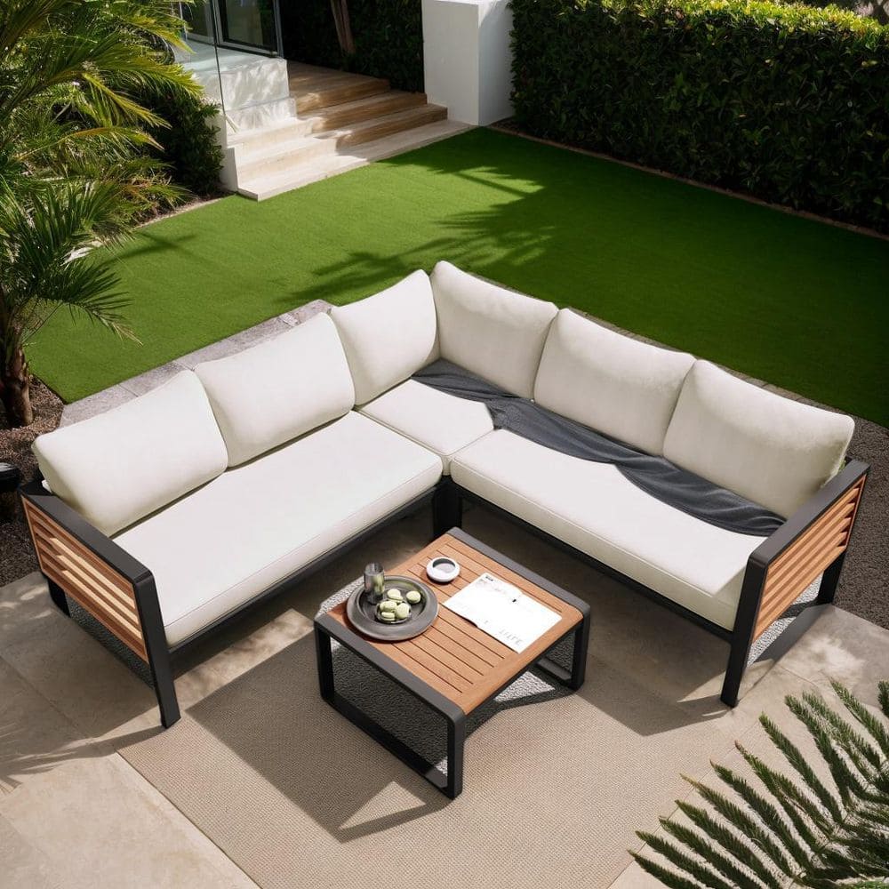 Light Brown Wood Outdoor Sectional Set with Beige Cushions, Coffee Table