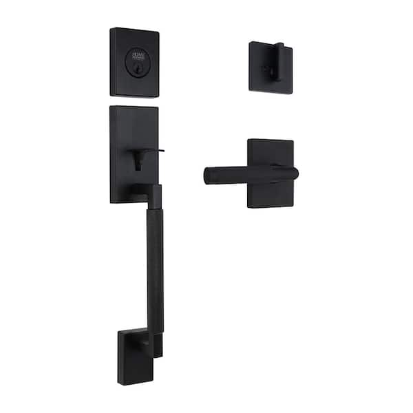 Woodward Matte Black Single Cylinder Door Handleset with Woodcliff Interior Lever