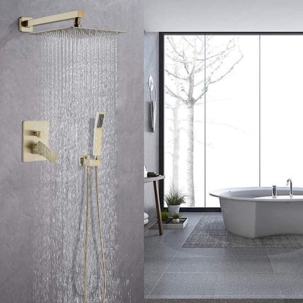 2-Spray Patterns High Pressure 12 in. Wall Mount Dual Shower Head Hand Shower Faucet in Brushed Gold (Valve Included)