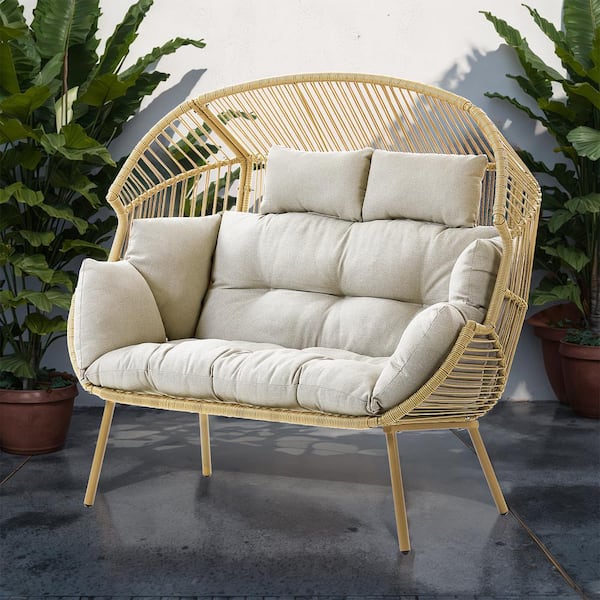 Pocassy 2 Seat Yellow Wicker Egg Chair Patio Glider Backyard Living Room Indoor Outdoor Chaise Lounge with Beige Cushions PJNNY82G 2