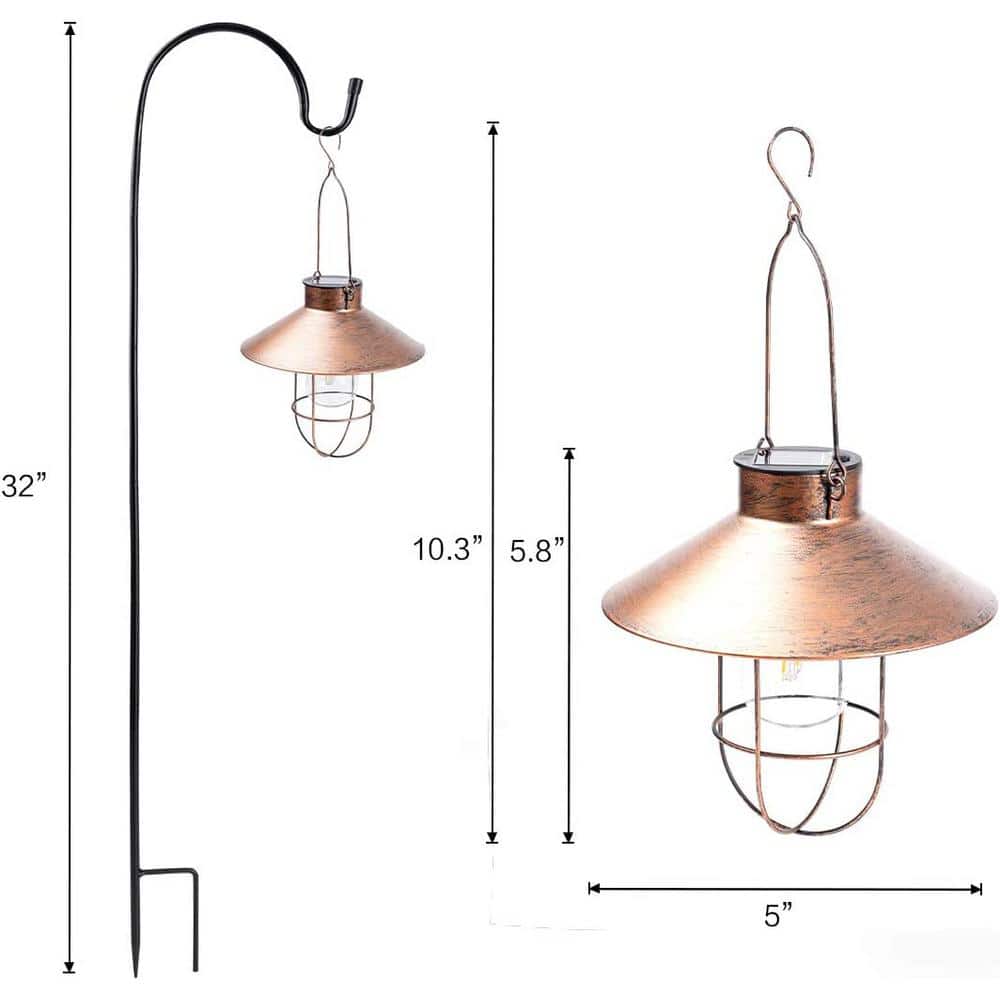 Brushed Copper Solar LED Hanging Lantern with Shepherd Hook, 2-Pack
