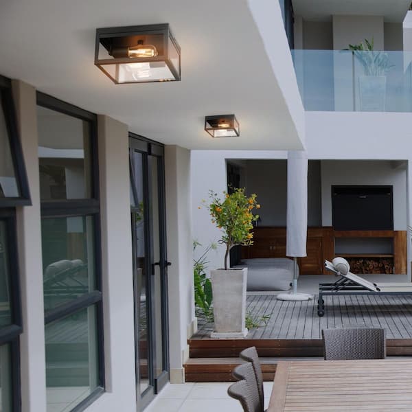 Hurley 10 in. 2-Light Modern Matte Black Outdoor Ceiling Light Flush Mount Light with Clear Glass Shade