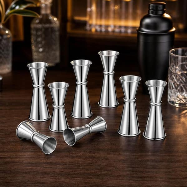 Wudkey 9-Piece 304 Stainless Steel Cocktail Jigger Set, Double Japanese Jigger and Measuring Cup, Bar Tool, Silver