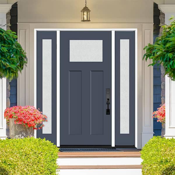 Legacy 68 in. x 80 in. 1/4 Toplite Rain Glass LHIS Primed Dark Denim Finish Fiberglass Prehung Front Door w/Dbl 14 in.SL