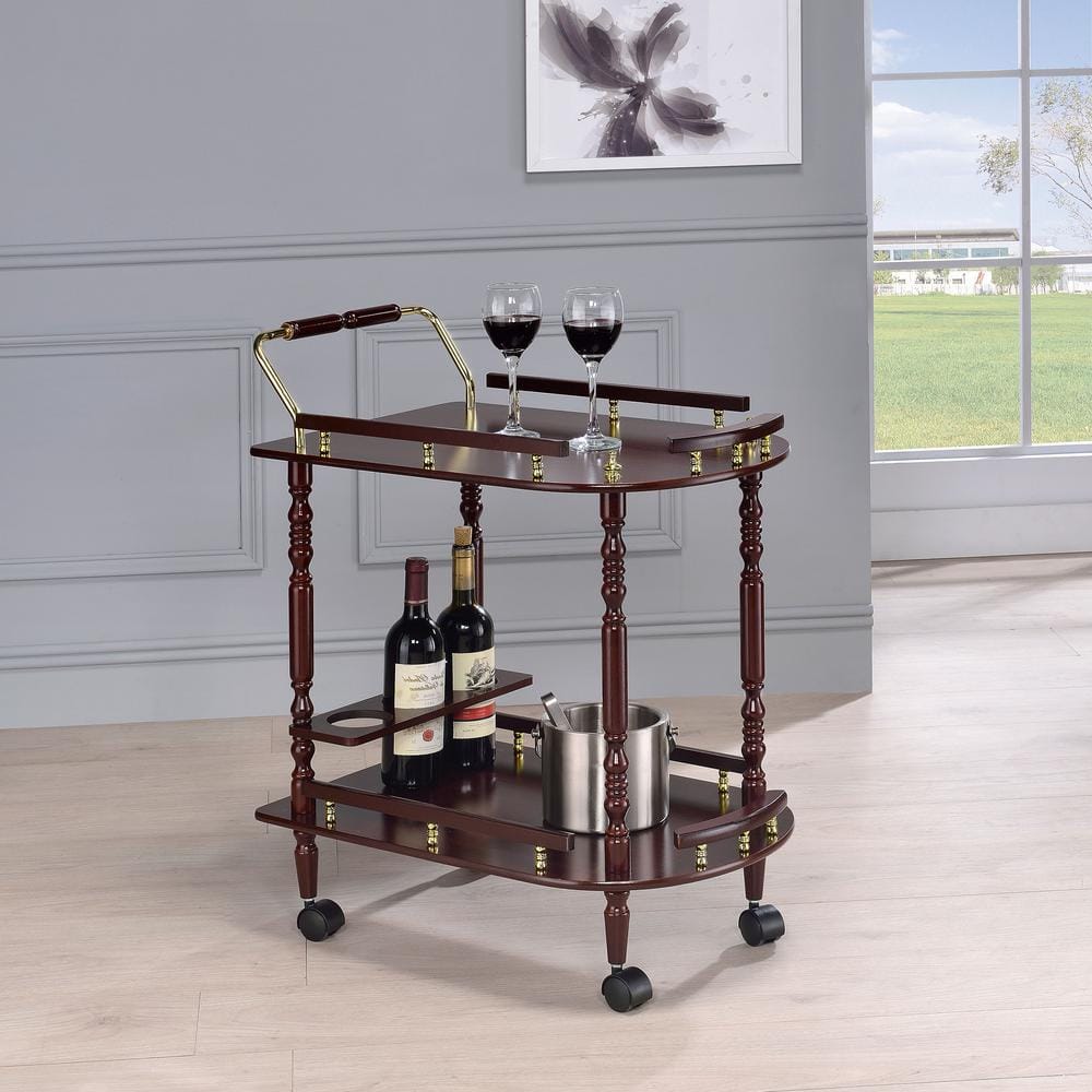 Elegant Merlot and Brass Round Serving Cart with Wine Storage