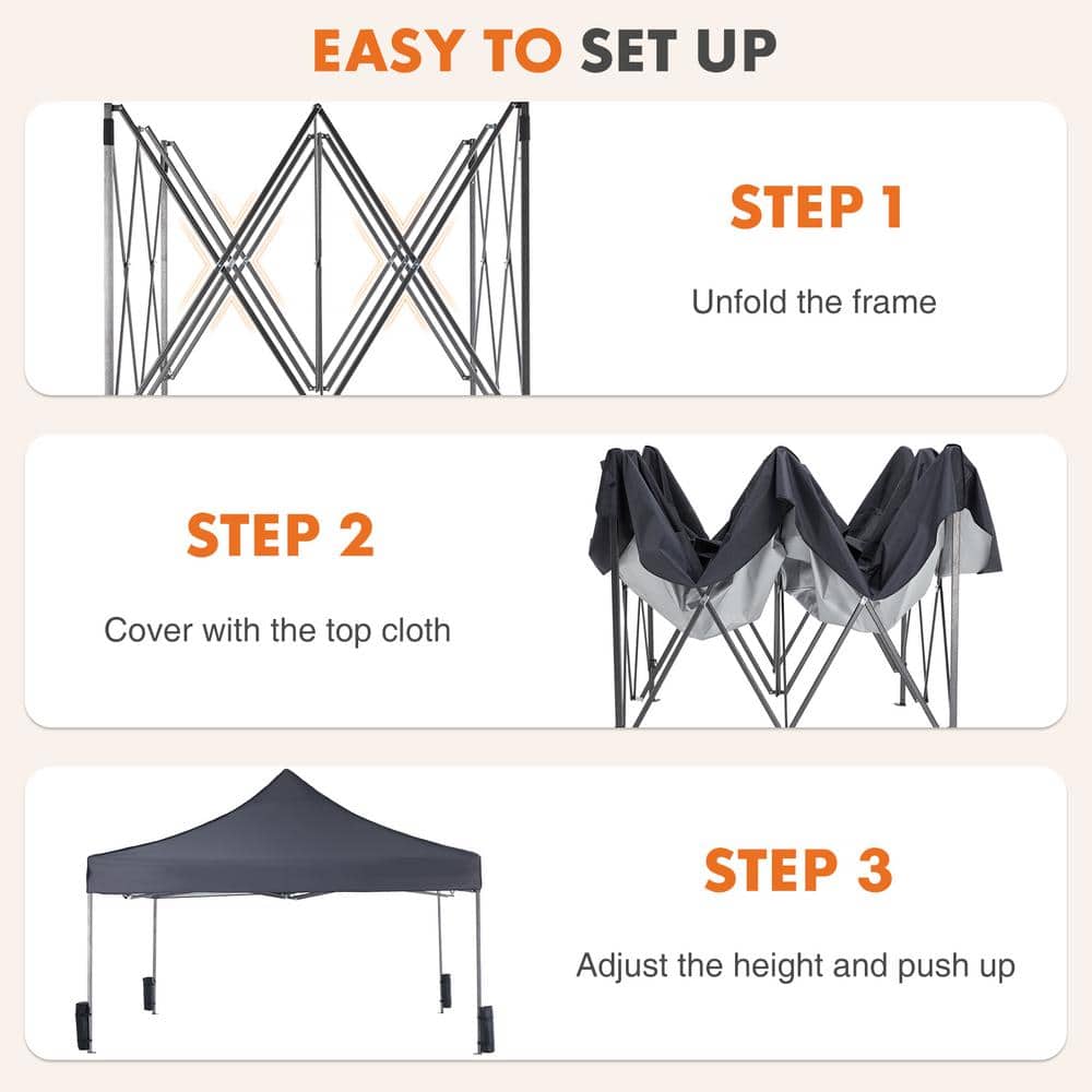 10' x 10' Gray Adjustable Height Pop-Up Outdoor Canopy Tent