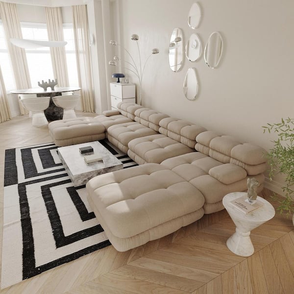 J&E Home 146.4 in. Square Arm Teddy Velvet 6-piece Deep Seat Modular Sectional Sofa with Movable Ottoman in. Brown