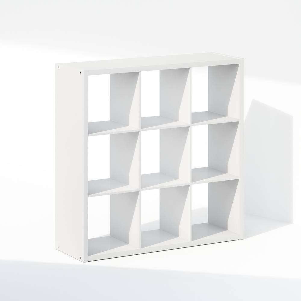 White 9-cube wooden bookcase shown from a 3/4 angle.