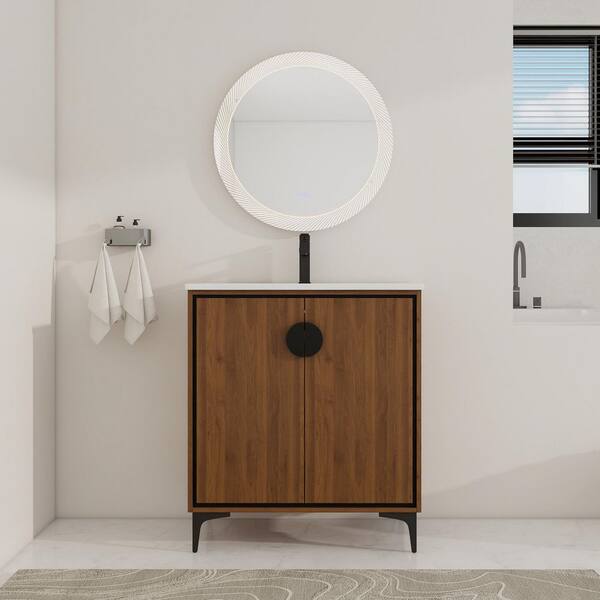 ARTCHIRLY 30 in. W x 18.31 in. D x 33.86 in. H Freestanding Bath Vanity in Brown with White Ceramic Vanity Top
