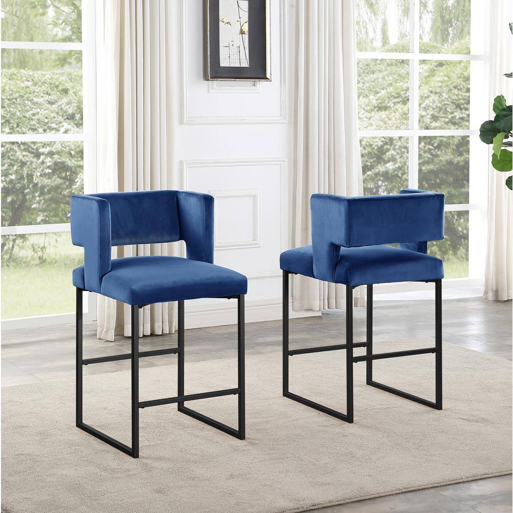 Modern Luxe Matte Black Metal Frame Blue Velvet Bar Stools (Set of 2)