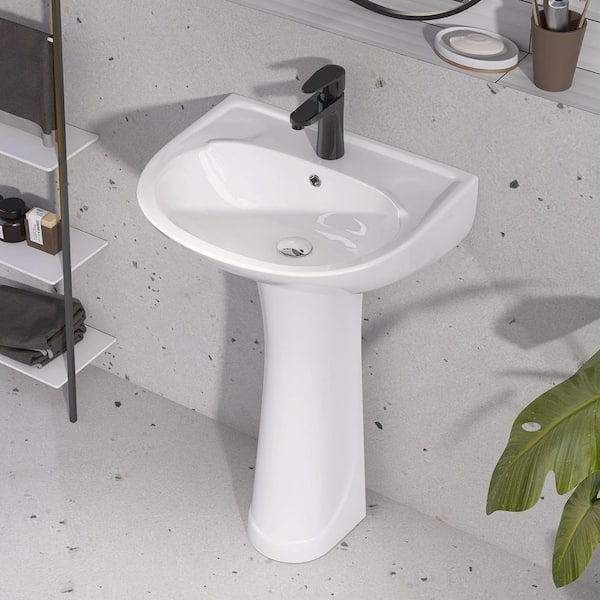 22 in. W x 17 in. D Pedestal Sink Combo White Vitreous China U-Shape Bathroom Vessel Basin Sink with Single Faucet Hole