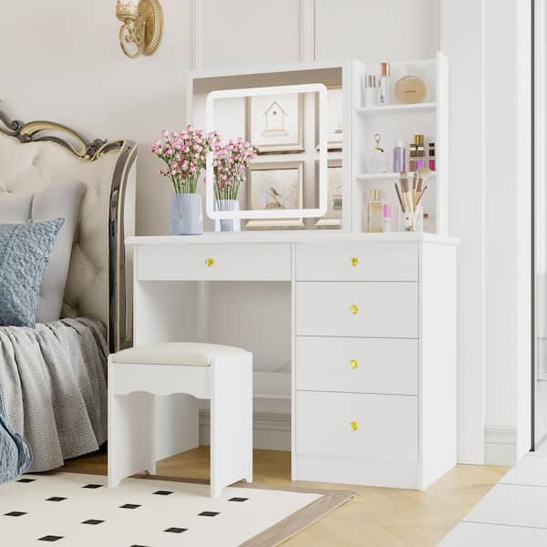 White Wood 39.4 in. W Large Glass Top Table Dresser Dressing Desk with LED Dimmable Mirror, 5-Drawers, Hidden shelves