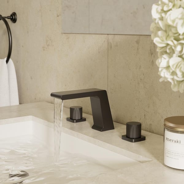 Velmora Waterfall 8 in. Widespread Double Handle Bathroom Faucet and Towel Rack Set in Matte Black Drain Not Included