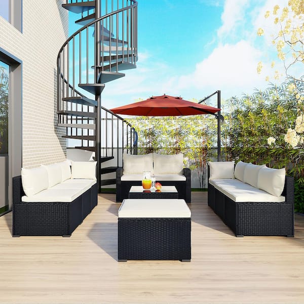 Harper & Bright Designs 9-piece Seating Group Black Wicker Outdoor Sectional Set with Beige Cushions