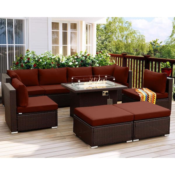 FINCATI Modern 9-Piece Espresso Rattan Patio Sectional Deep Seating Sofa Set with Fire Pit Table Burgundy Cushions and Ottomans