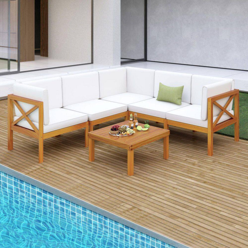 Acacia Wood Outdoor Sectional Set with Off-White Cushions