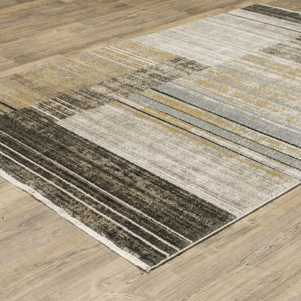 Brooker Beige/Charcoal 8 ft. x 11 ft. Distressed Geometric Stripe Recycled PET Yarn Indoor Area Rug
