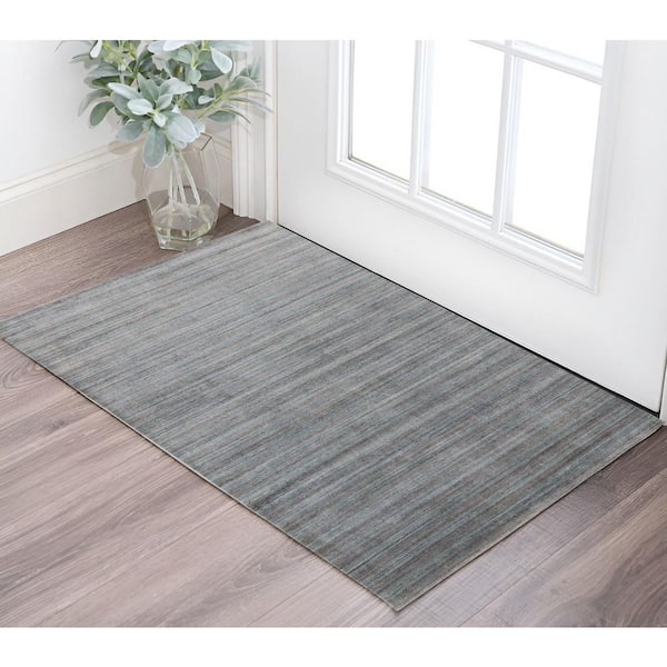3 ft. x 5 ft. Gray And Blue Wool Striped Hand Woven Area Rug