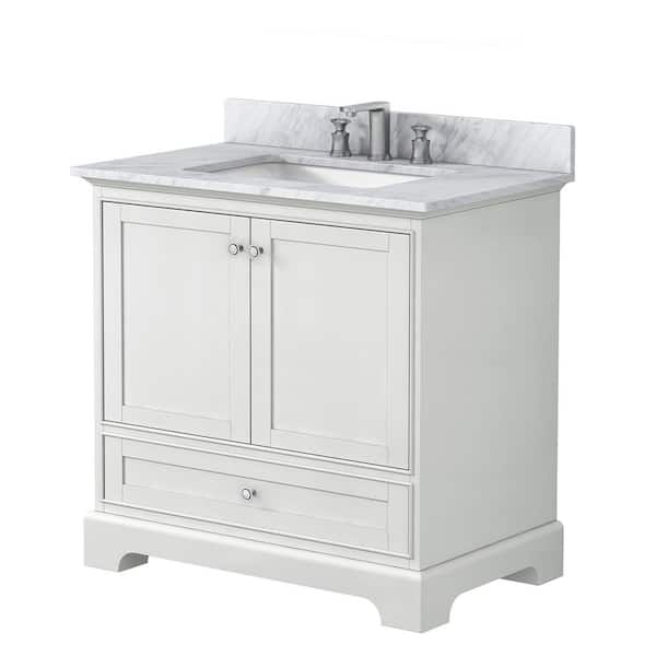 FAMYYT 36 in. W x 22 in. D x 34.65 in. H Single Sink Freestanding Bath Vanity in White with White Marble Top with Backsplash
