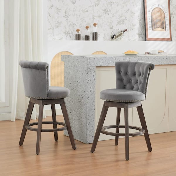 35.8 in. H Gray Low Back Wood Swivel Bar Stool with Velvet Seat Set of 2