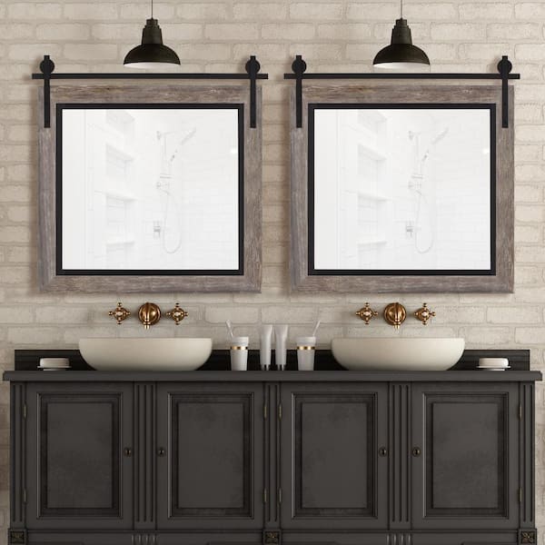 Hitchcock Butterfield Santa Fe 32 in. W x 32 in. H Farmhouse Rustic Square Framed Gray and Black Decorative Barn Door Bathroom Mirror