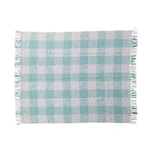 Mint and Cream Plaid Hand-Woven Fabric Throw Blanket with Fringe