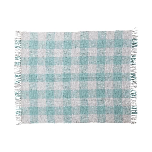 Storied Home Mint and Cream Plaid Hand-Woven Fabric Throw Blanket with Fringe