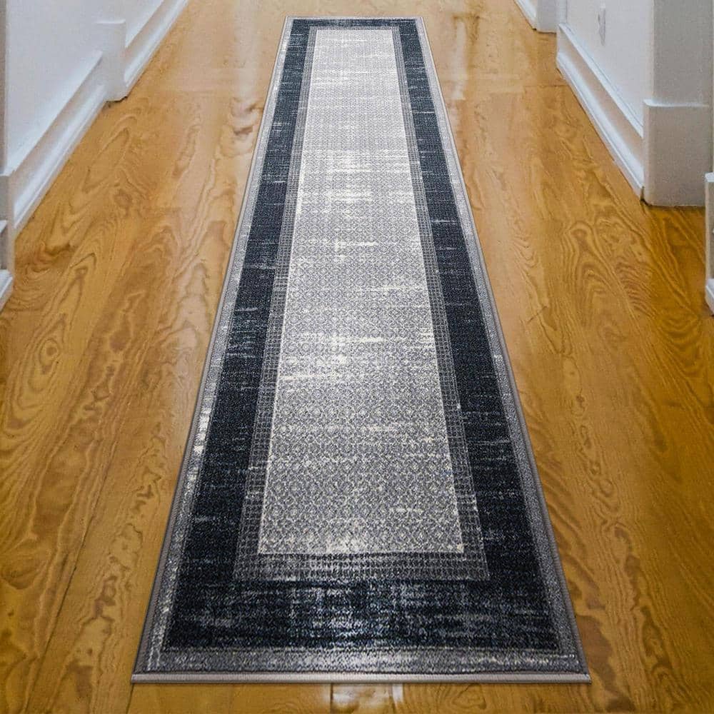 Gray and Black Machine Washable Non-Slip Runner Rug