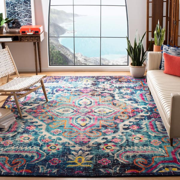 Monaco 9 ft. x 12 ft. Blue/Fuchsia Distressed Ornate Medallion Area Rug
