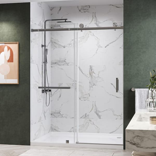 Serenity 62 to 66 in. W x 76 in. H Frameless Sliding Shower Door with Towel Bar in Brushed Nickel w/ 3/8 in. Clear Glass