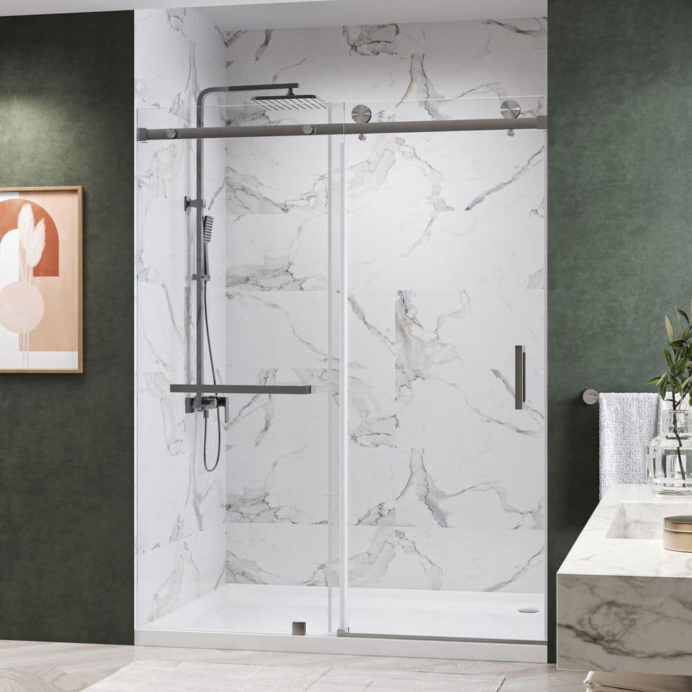 "Serenity 68 to 72 in. W x 76 in. H Frameless Sliding Shower Door with Towel Bar in Brushed Nickel with 3/8"" Clear Glass" price history on PriceWatchPro