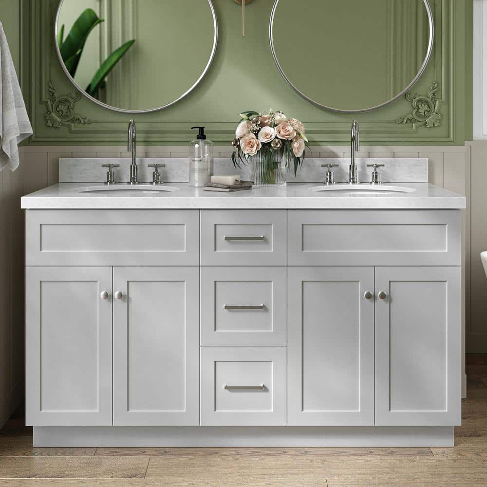 Hamlet 60 in. Double Sink Freestanding Bathroom Vanity in Gray with Carrara White Marble Top price history on PriceWatchPro