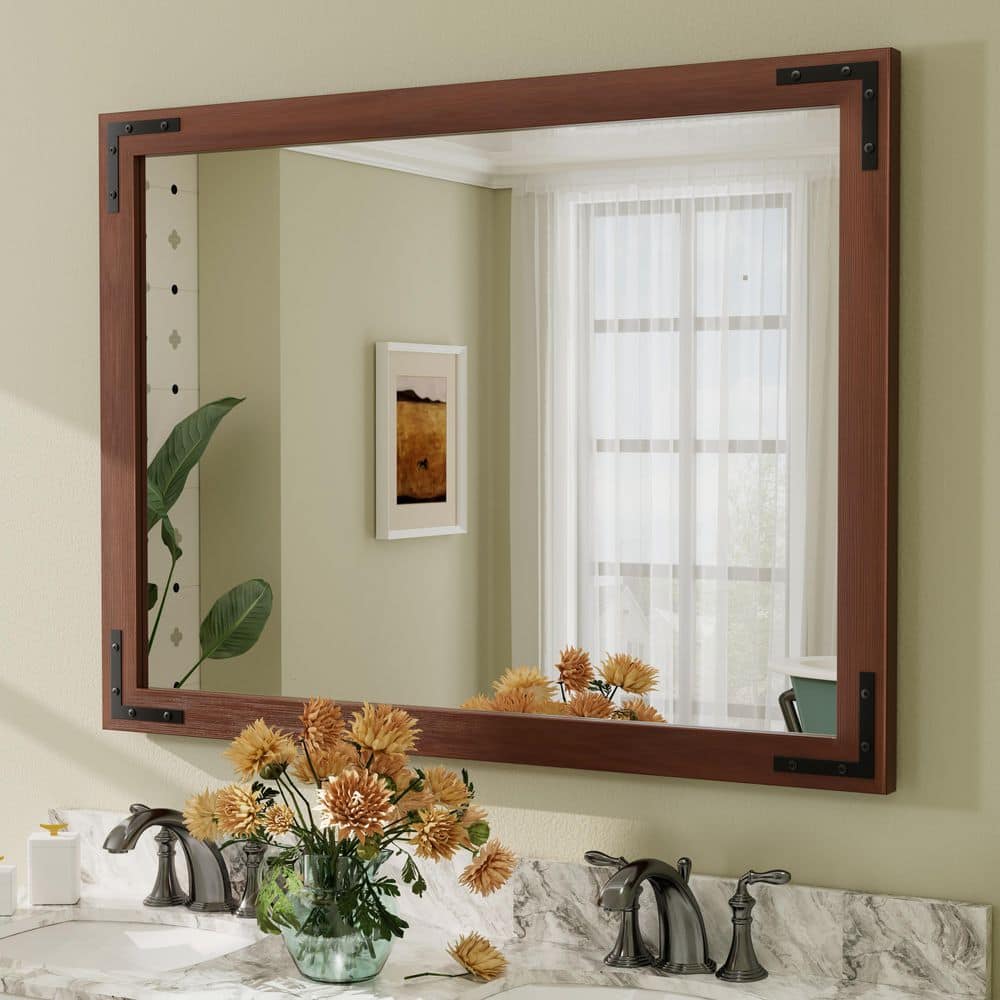 48 in. W x 36 in. H Rectangular Rustic Farmhouse Solid Wood Framed & Tempered Glass Wall Bathroom Vanity Mirror in Brown price history on PriceWatchPro