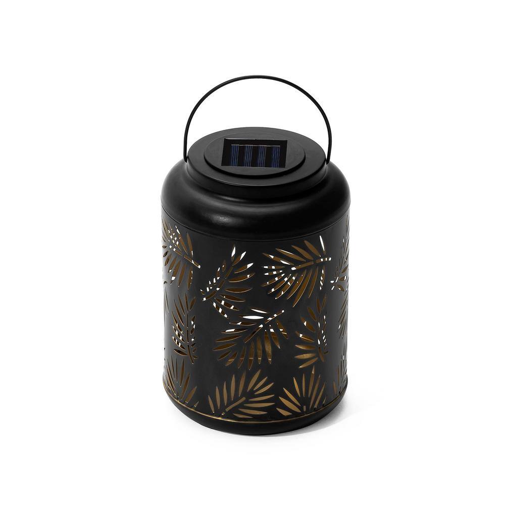 Black Metal Cylinder Solar Powered Outdoor Lantern with Leaf Cutouts