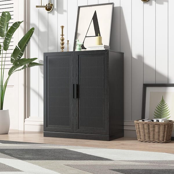 36 in. Tall Black Wood Grain Wood 2-Shelf Standard Bookcase with Rattan Doors, Storage