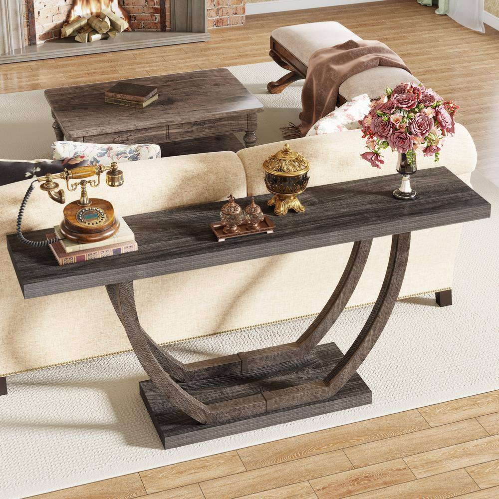 Gray 63-Inch Farmhouse Wood and Metal Console Table with Storage