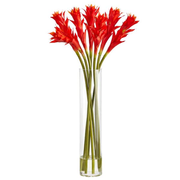 Nearly Natural 28 in. Star Bromeliad Artificial Arrangement in Cylinder Vase