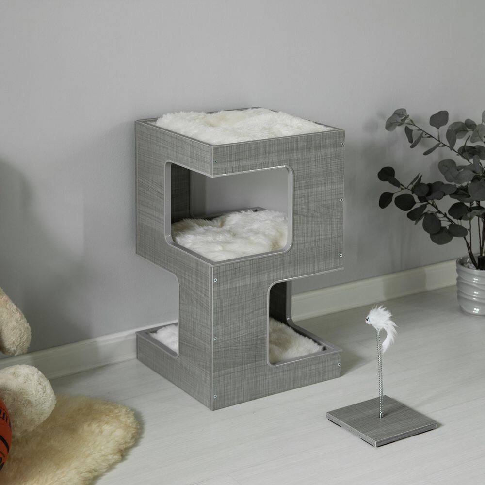 Gray Multi-Level Modern Cat Tower with Soft Faux Fur Cushions