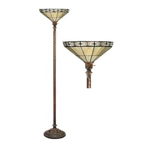 72 in. Antique Bronze Mission White Stained Glass Floor Lamp with Foot Switch